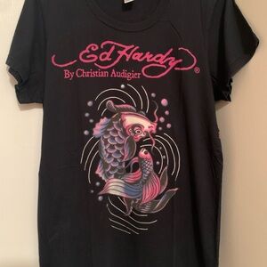 Ed Hardy Black Tee with Pink and Blue Koi Graphic